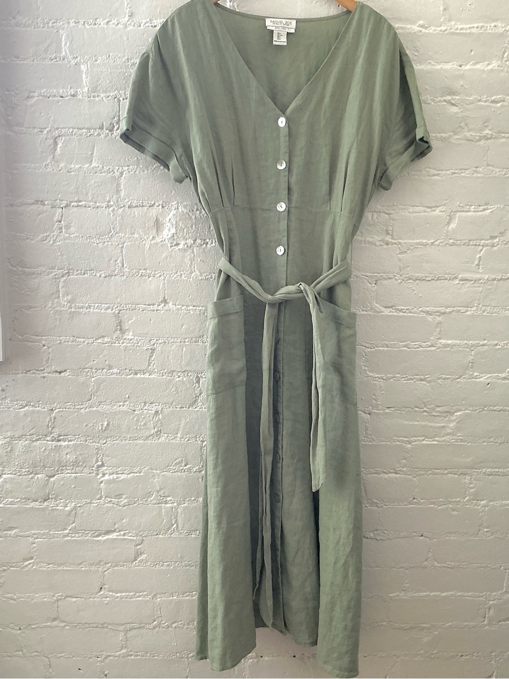 Rachel Zoe Linen Button Down Maxi Dress Sage Green Vacation Coastal Preppy Sz L